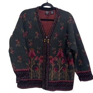 Nordic Design Sweater Woman 1X Shetland Wool Cardigan Zip Embroidered Vintage